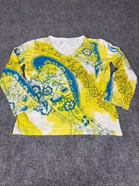 V-Neck Floral Paisley Blouse in Yellow & Blue